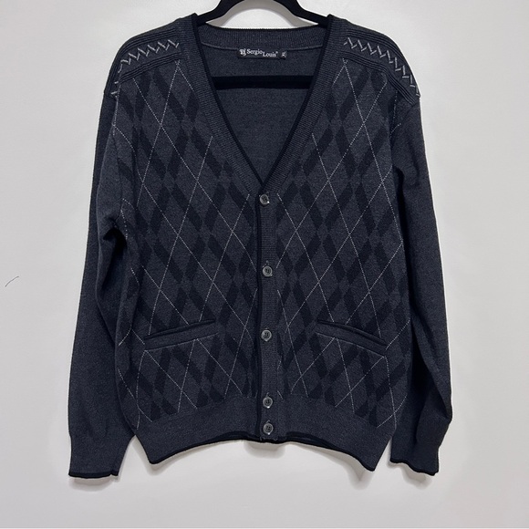 Sergio Louis Gray Argyle Men's XL Button Up cardigan grampacore academia v neck - Picture 2 of 9